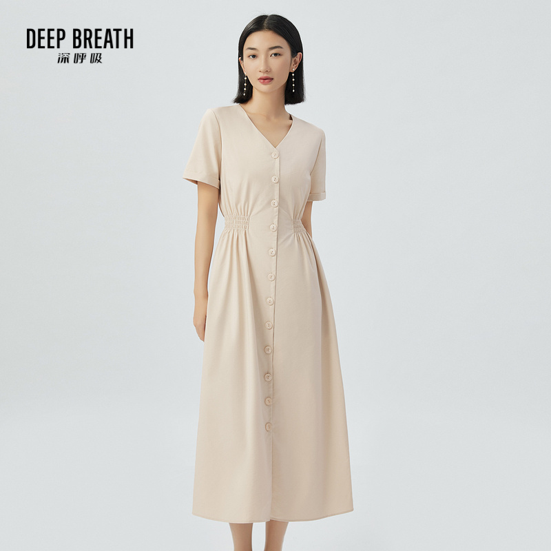 DEEP BREATH深呼吸女装  V领自然收腰洋装纯色短袖连衣裙A500267