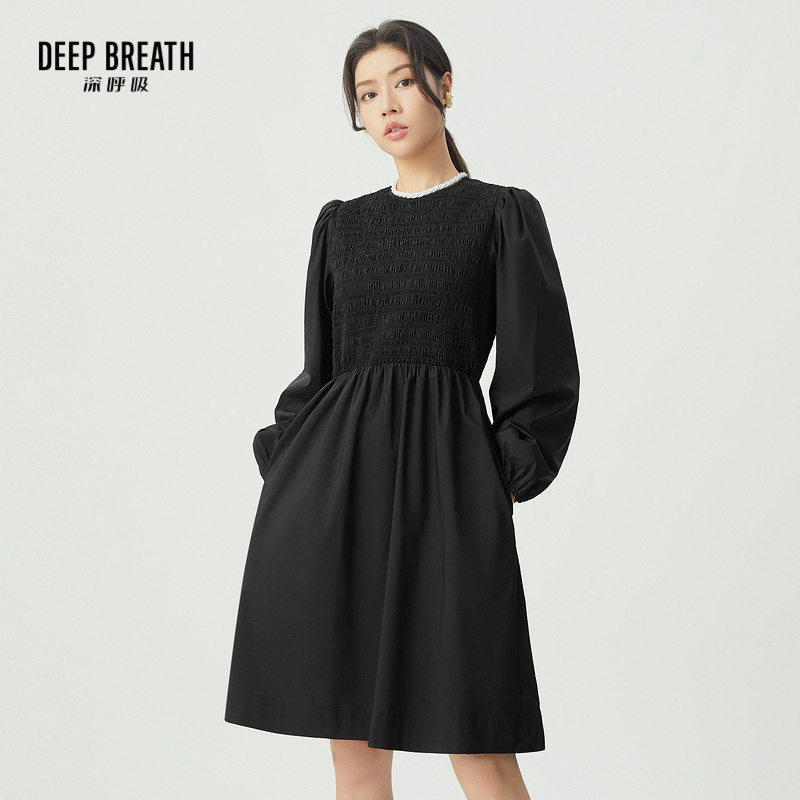 DEEP BREATH深呼吸女装 简约圆领泡泡袖松紧腰纯色连衣裙A500280