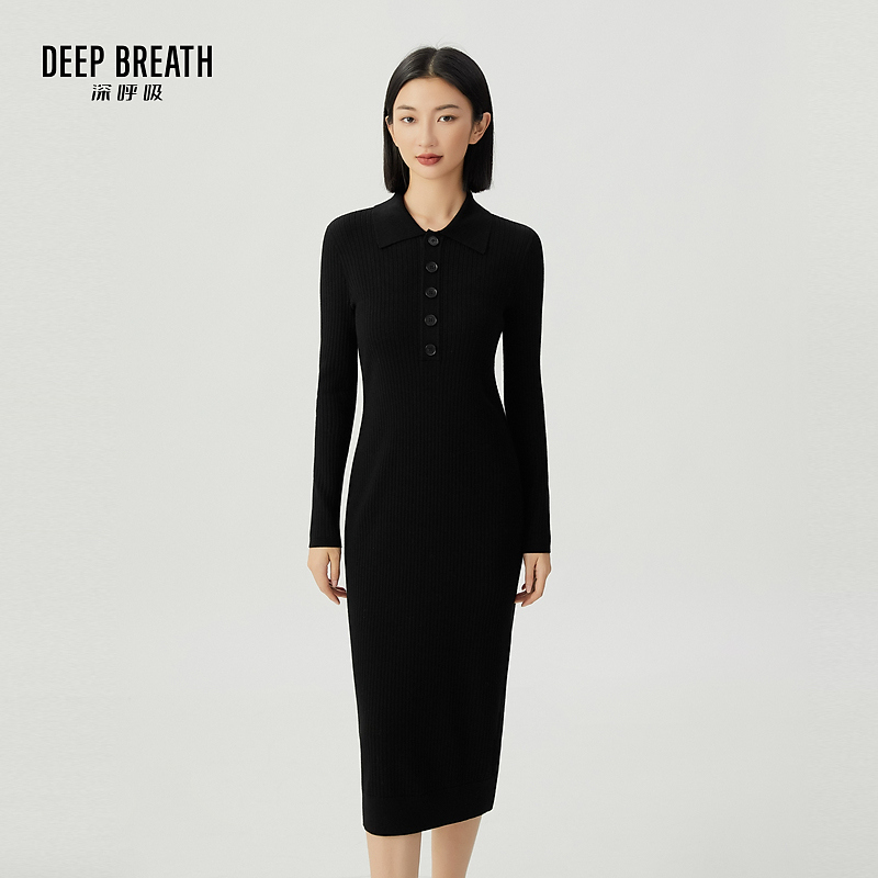 DEEP BREATH深呼吸女装 翻领竖坑条长袖针织洋装A500287
