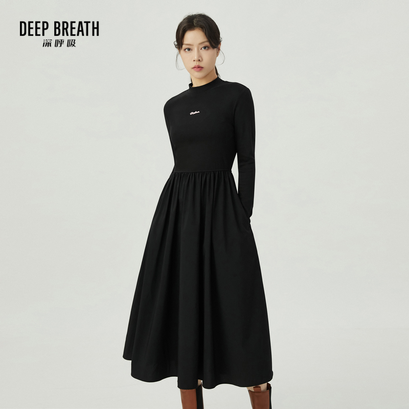 DEEP BREATH深呼吸女装 简约烟管领纯色长袖高腰连衣裙女A500292