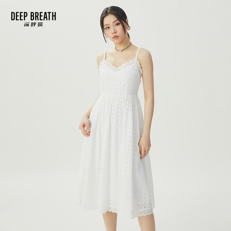 DEEP BREATH深呼吸女装 简约V领镂空收腰吊带连衣裙伞裙A500299