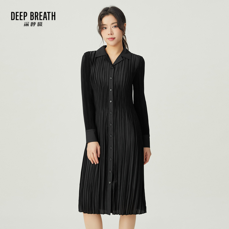 DEEP BREATH深呼吸女装 简约高腰V领长袖压褶连衣裙伞裙A500300