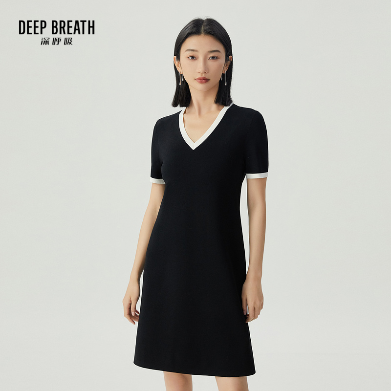 DEEP BREATH深呼吸女装 简约V领拼色高腰A型洋装连衣裙A500307