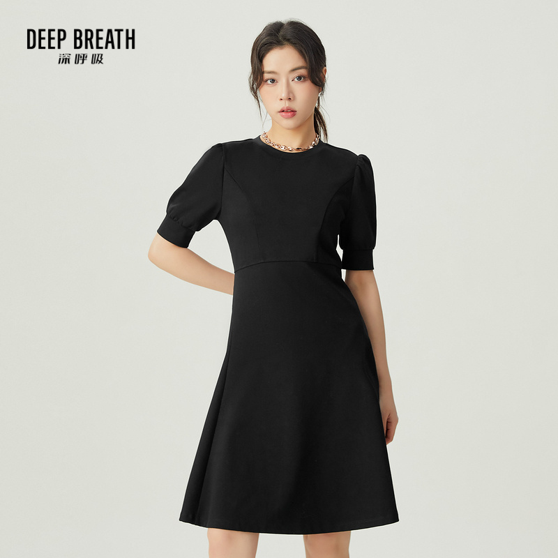 DEEP BREATH深呼吸女装 高腰圆领泡泡袖收腰大摆连衣裙A500309
