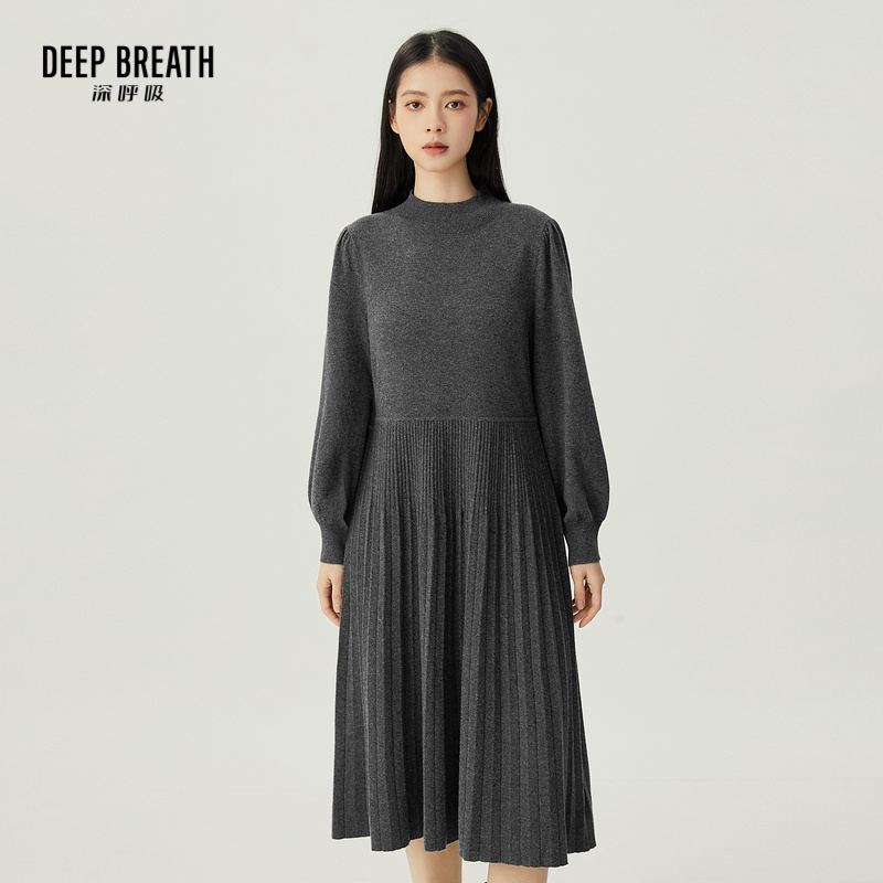 DEEP BREATH深呼吸女装 廓形烟管领灯笼袖洋装高腰连衣裙A500318