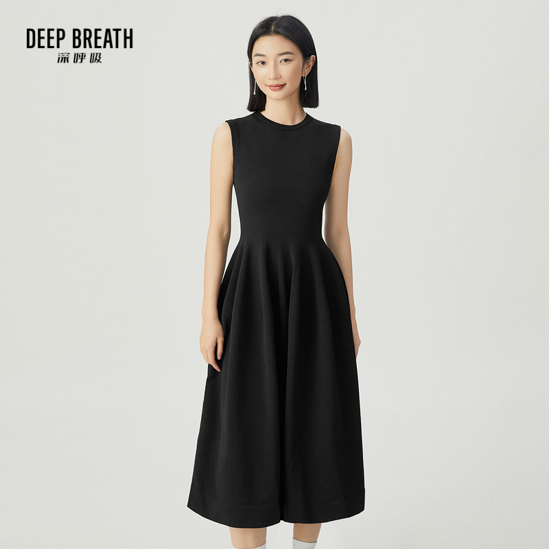DEEP BREATH深呼吸女装 针织小黑裙高腰伞裙无袖连衣裙A500338