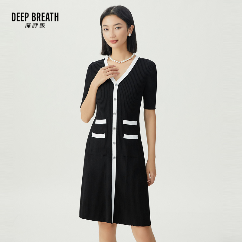 DEEP BREATH深呼吸女装 V领短袖针织裙小香风连衣裙A500341