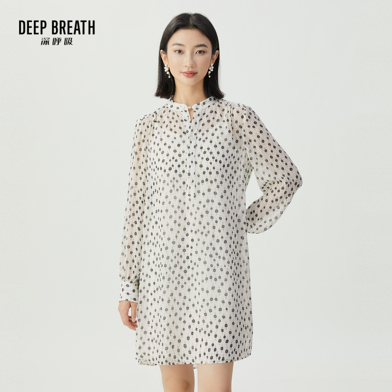 DEEP BREATH深呼吸女装 小花朵中式圆领长袖两件套衬衫裙A500358