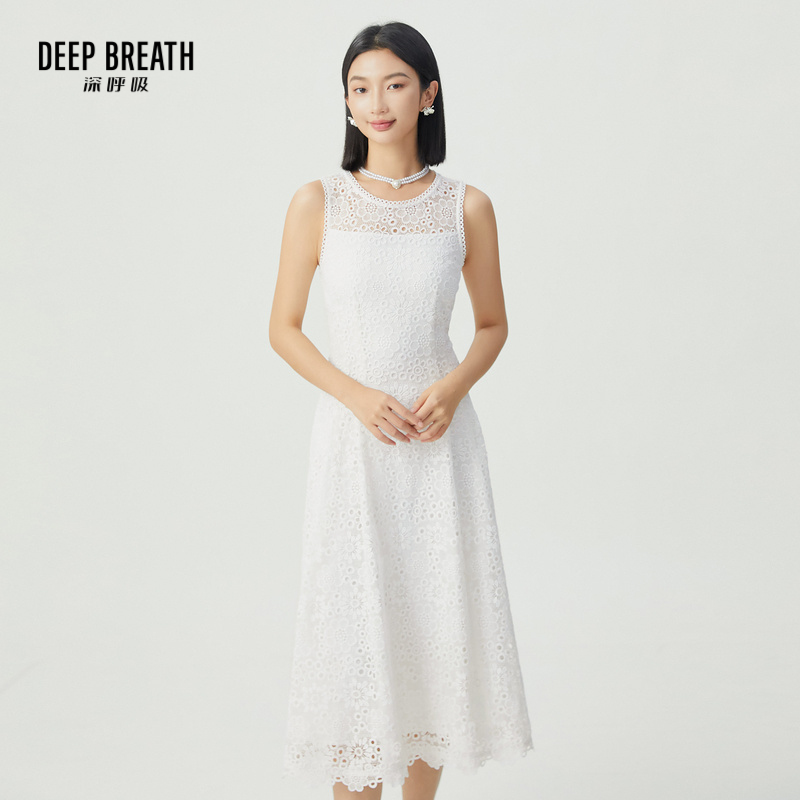 DEEP BREATH深呼吸女装 简约圆领无袖蕾丝镂空大摆连衣裙A500364