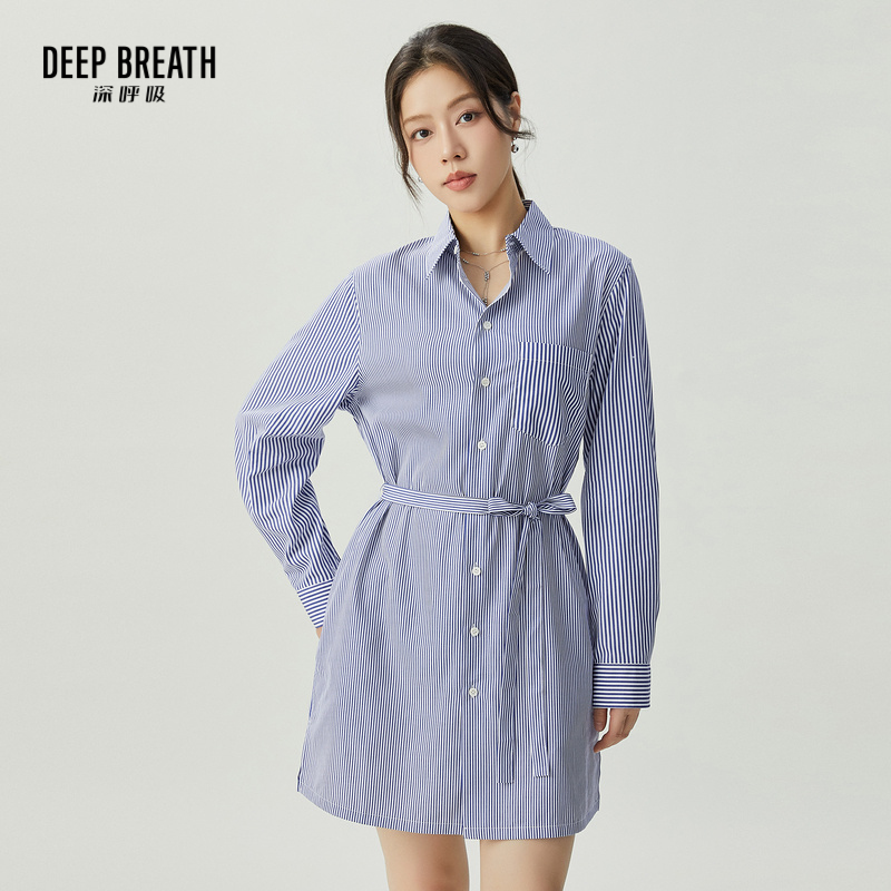 DEEP BREATH深呼吸女装 气质显瘦长袖小立领条纹连衣裙A500372