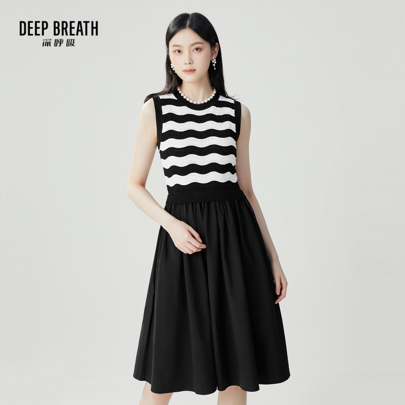 DEEP BREATH深呼吸女装 拼色条纹肌理针织拼梭织无袖连衣裙A500382
