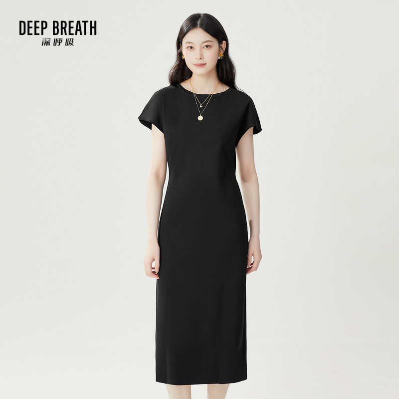 DEEP BREATH深呼吸女装 造型小飞袖船领收腰中长款连衣裙A500404