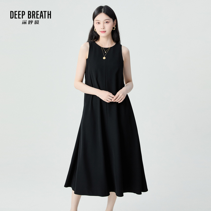 DEEP BREATH深呼吸女装 简约圆领无袖长款连衣裙小黑裙A500406
