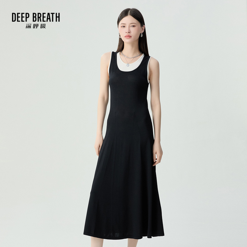 DEEP BREATH深呼吸女装 假两件拼色高腰A字长款针织连衣裙A500411