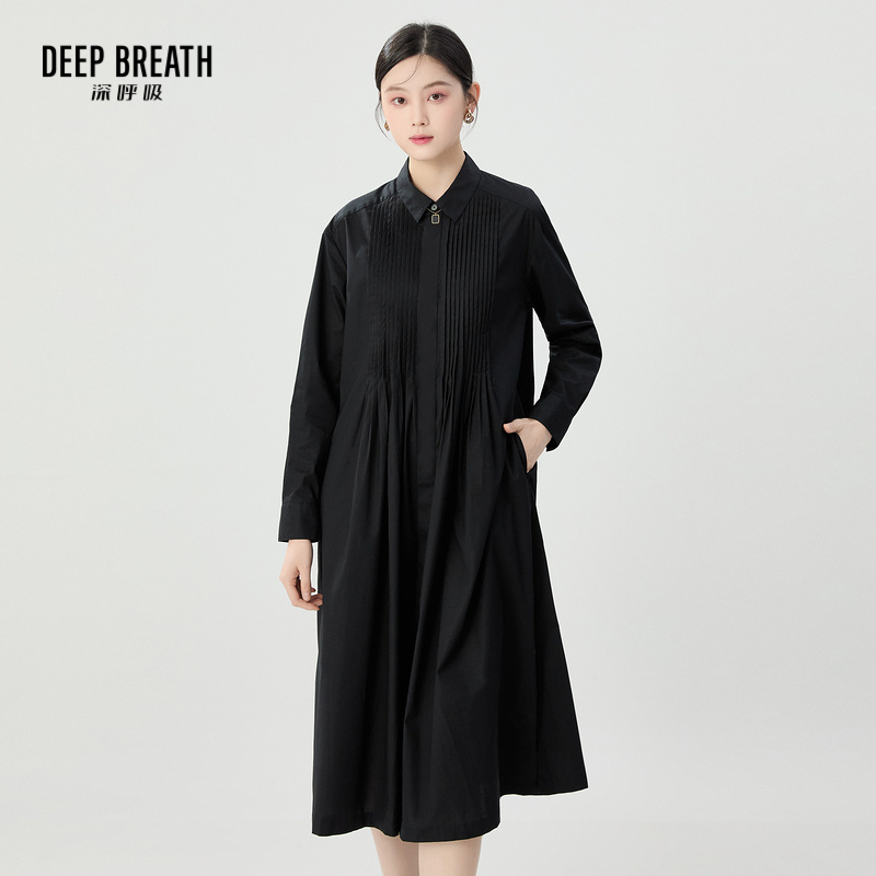 DEEP BREATH深呼吸女装 压褶连衣裙中长款长袖裙子A500445