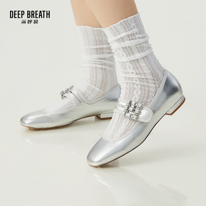 DEEP BREATH深呼吸女鞋 水钻G扣真皮方头法式温柔平底玛丽珍单鞋女AX11137