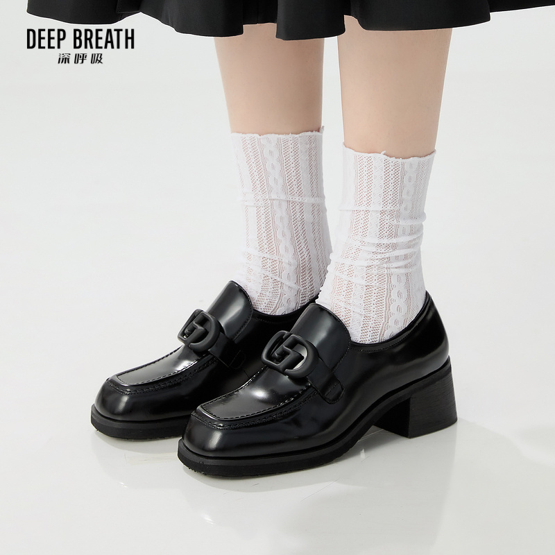 DEEP BREATH深呼吸女鞋 新款牛皮深口一脚蹬粗跟乐福鞋方头单鞋AX11157