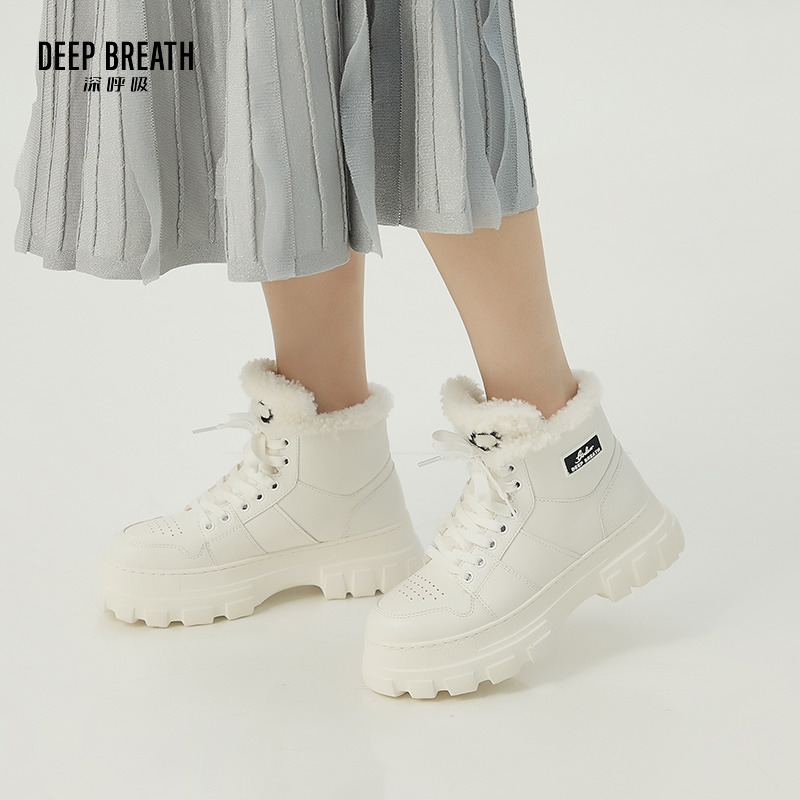 DEEP BREATH深呼吸女鞋 厚底休闲牛皮短靴温暖毛绒中帮靴AX12241