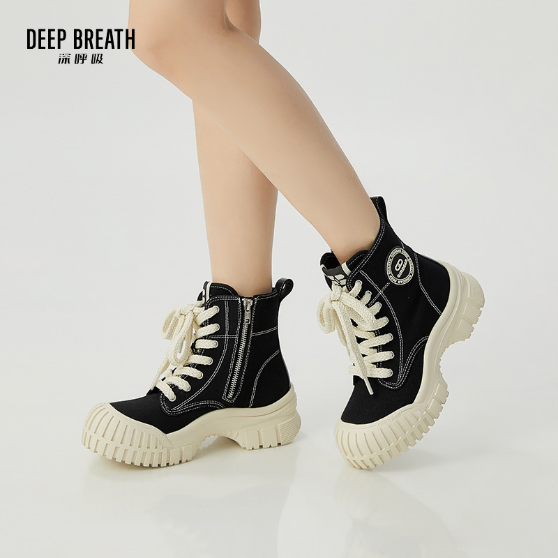 DEEP BREATH深呼吸女鞋 气质减龄高帮帆布鞋休闲系带侧拉链贝壳头车轮厚底鞋AX12251