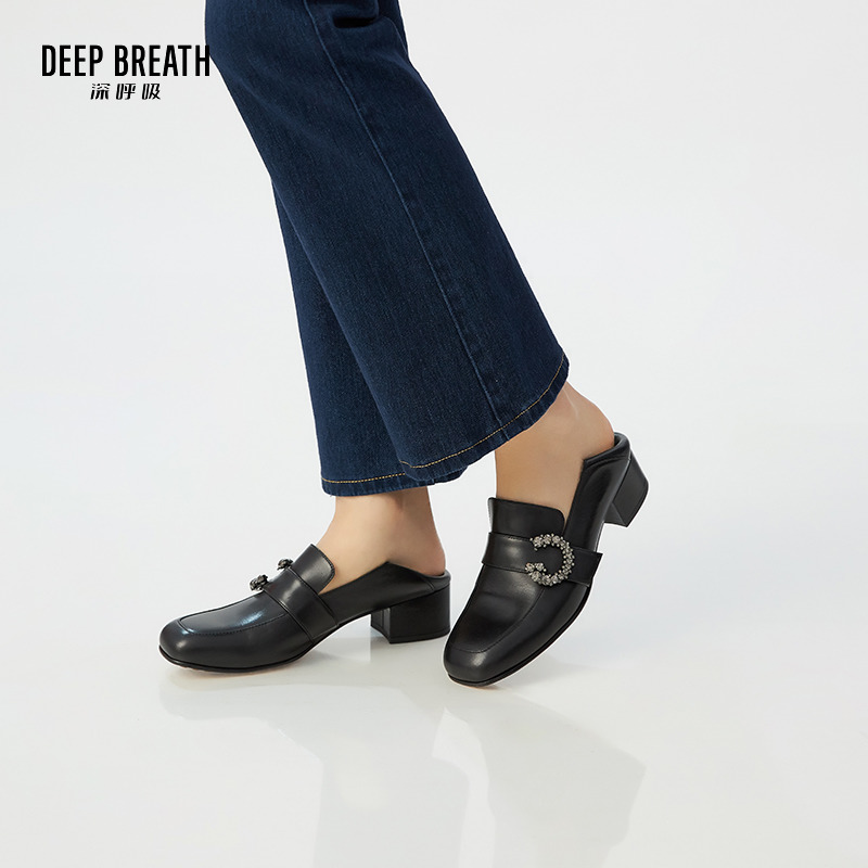 DEEP BREATH深呼吸女鞋 钻饰羊皮一脚蹬中跟粗跟乐福鞋穆勒鞋绅士鞋AX13093
