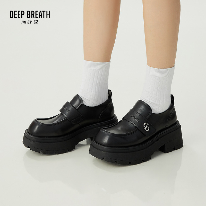 DEEP BREATH深呼吸女鞋 7CM厚底魔术贴方头乐福鞋真皮英伦风复古小皮鞋AX13095