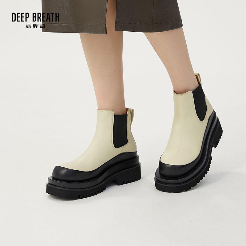 DEEP BREATH深呼吸女鞋 牛皮一脚蹬厚底低帮烟管靴短靴女靴AX15168