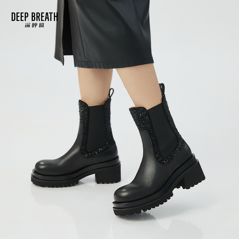 DEEP BREATH深呼吸女鞋 时尚大气满天星一脚蹬高跟中筒烟管靴AX15199