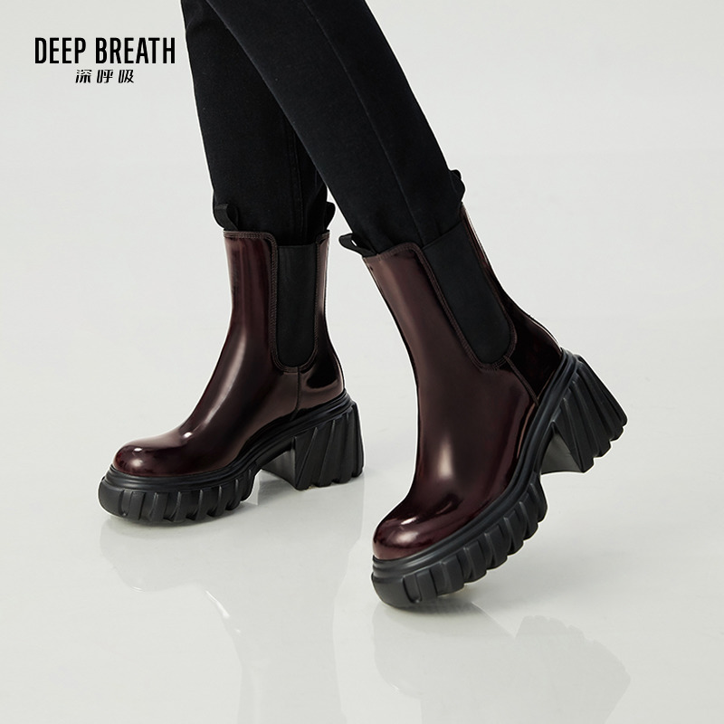 DEEP BREATH深呼吸女鞋 短筒弹力粗跟高妹切尔西靴女时髦精烟管靴AX15213