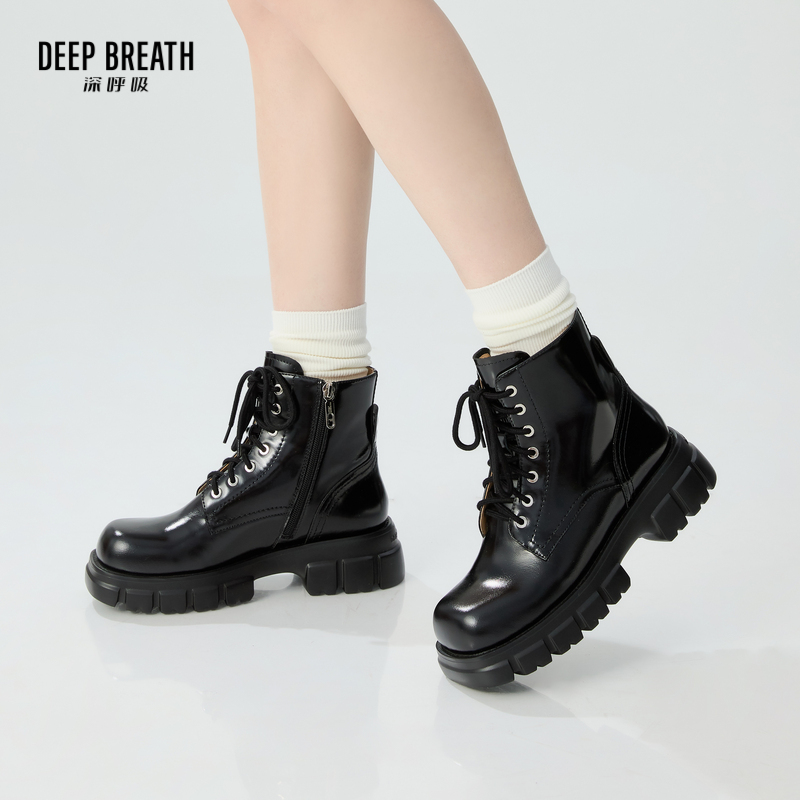 DEEP BREATH深呼吸女鞋 新款牛皮绑带方头侧拉链机车靴短靴女靴AX15218