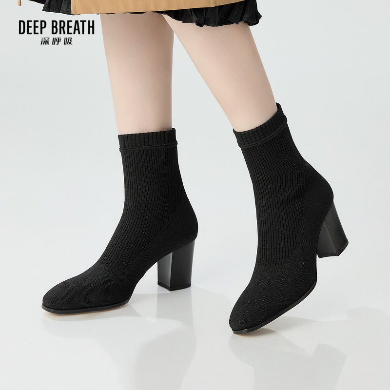 DEEP BREATH深呼吸女鞋 新款飞织一脚蹬高跟靴女靴AX15222