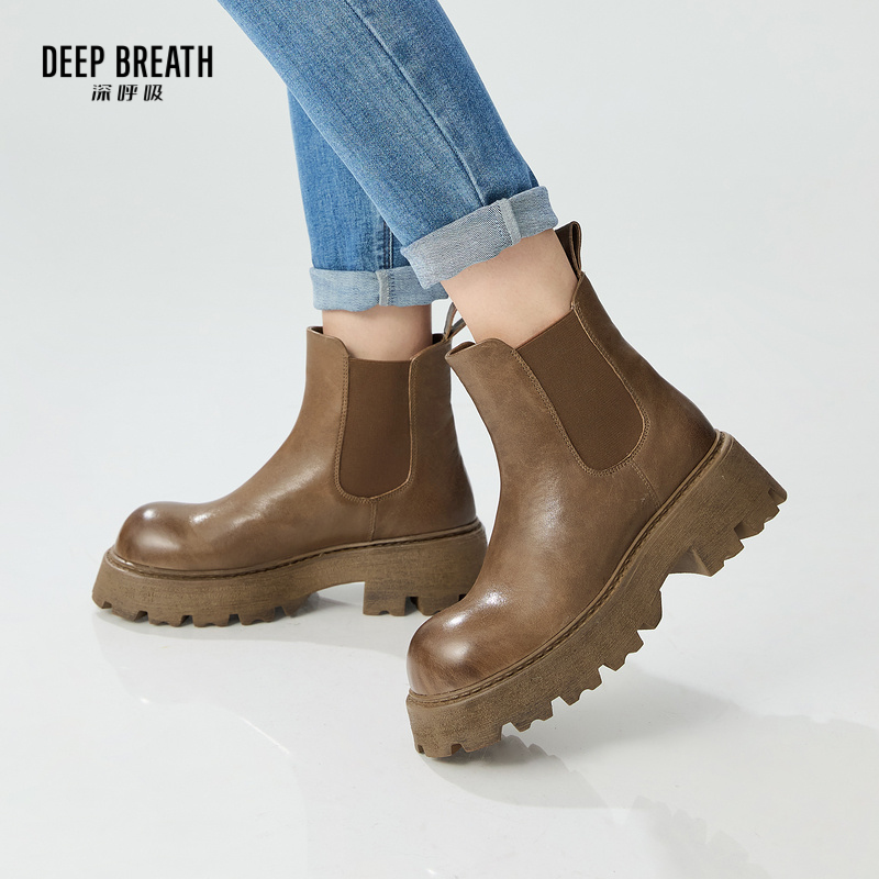 DEEP BREATH深呼吸女鞋 新款水洗牛皮一脚蹬简约切尔西靴短靴AX15237