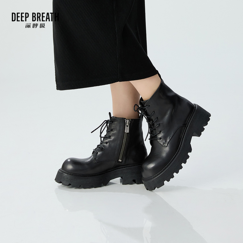 DEEP BREATH深呼吸女鞋 新款水洗牛皮绑带侧拉链机车靴短靴AX15238