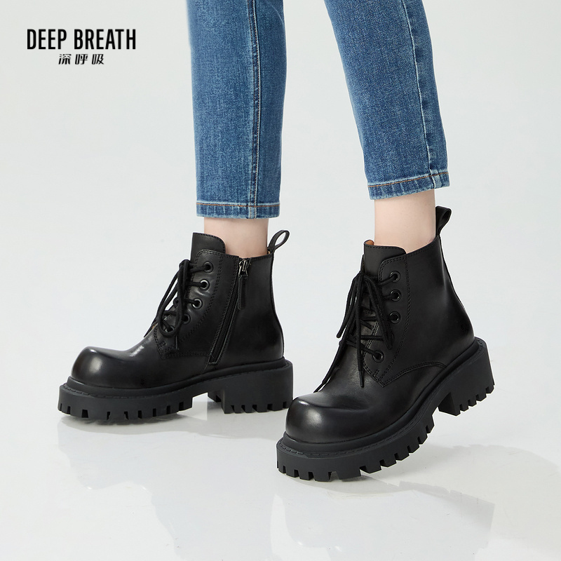 DEEP BREATH深呼吸女鞋 新款厚底大头绑带机车靴短靴女靴AX15239