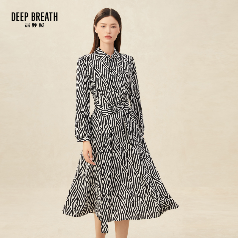 DEEP BREATH深呼吸女装 黑白纹高腰长袖连衣裙(附腰带)8500123