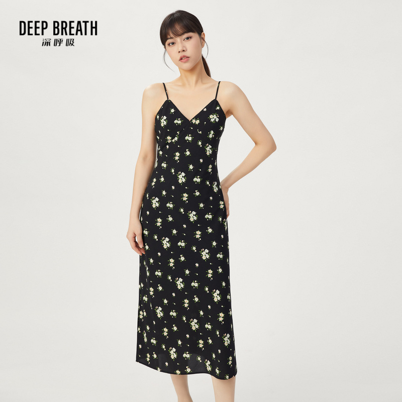 DEEP BREATH深呼吸女装 高腰中长款碎花侧开叉吊带连衣裙8500127