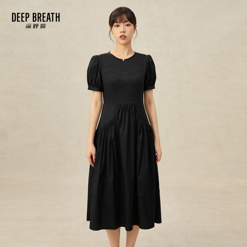 DEEP BREATH深呼吸女装 圆领长款高腰拼接设计感短袖洋装连衣裙8500131