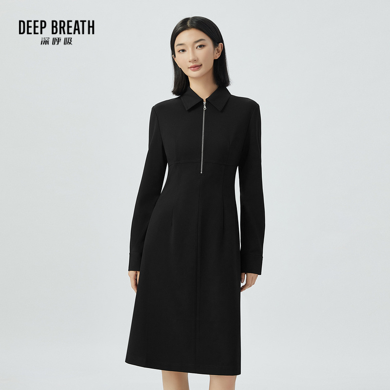 DEEP BREATH深呼吸女装 纯色翻领高腰长袖A型洋装连衣裙8500142