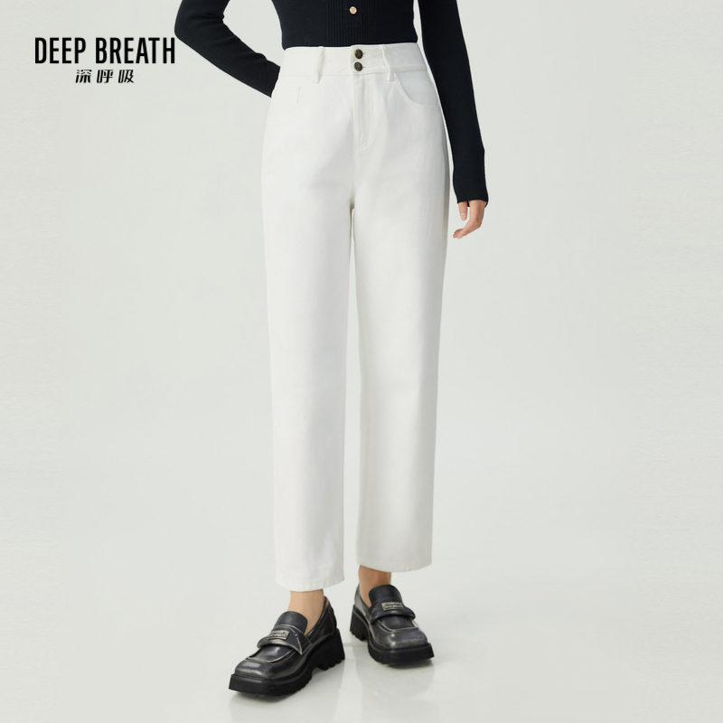 DEEP BREATH深呼吸女装 直筒双排扣高腰牛仔裤休闲直筒裤A100252