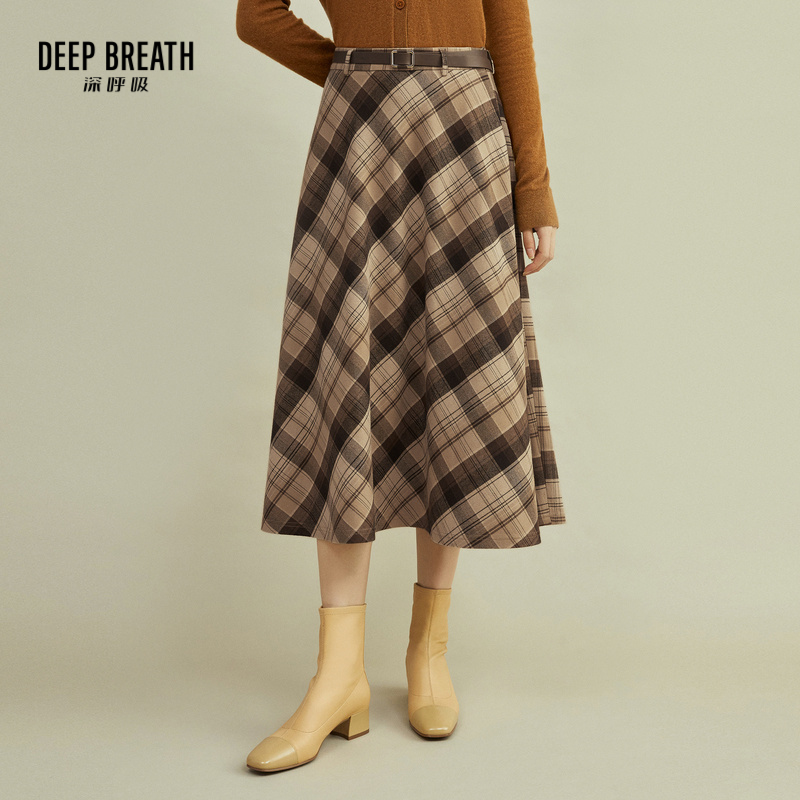 DEEP BREATH深呼吸女装 复古中长款高腰格纹伞裙半身裙【附腰带】A200160