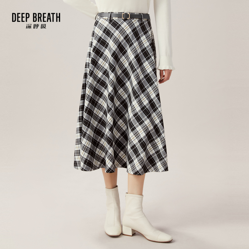 DEEP BREATH深呼吸女装 复古中长款高腰格纹伞裙半身裙【附腰带】A200160