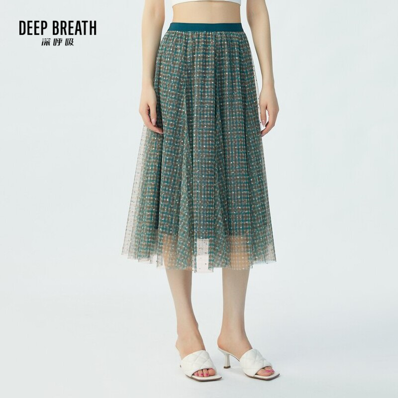 DEEP BREATH深呼吸女装 复古格纹高腰松紧腰纱裙半身裙A200178