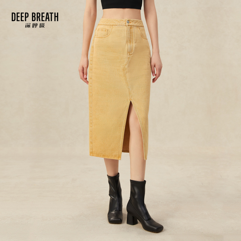 DEEP BREATH深呼吸女装 前开衩直筒牛仔半身裙A200185