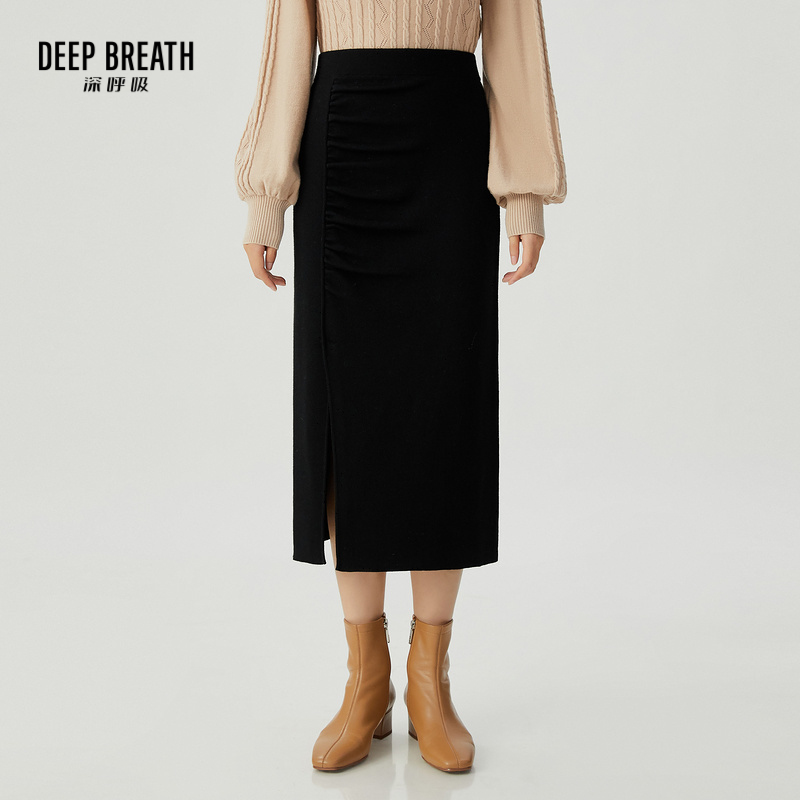 DEEP BREATH深呼吸女装 羊毛松紧腰开叉褶皱针织半身裙A200241