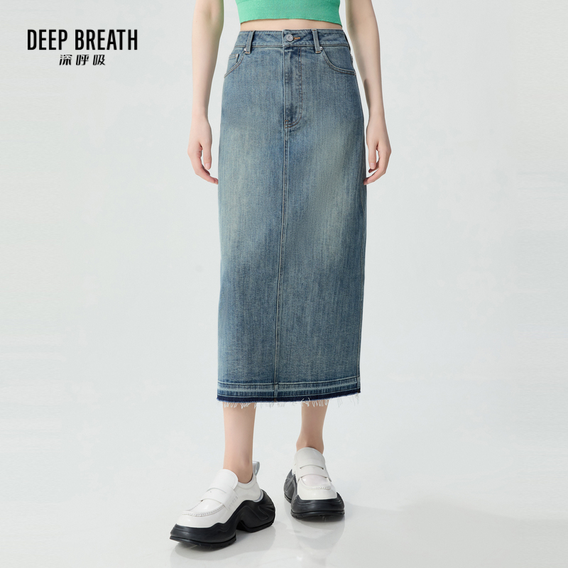 DEEP BREATH深呼吸女装 高腰复古洗水中长款直筒牛仔半裙A200282