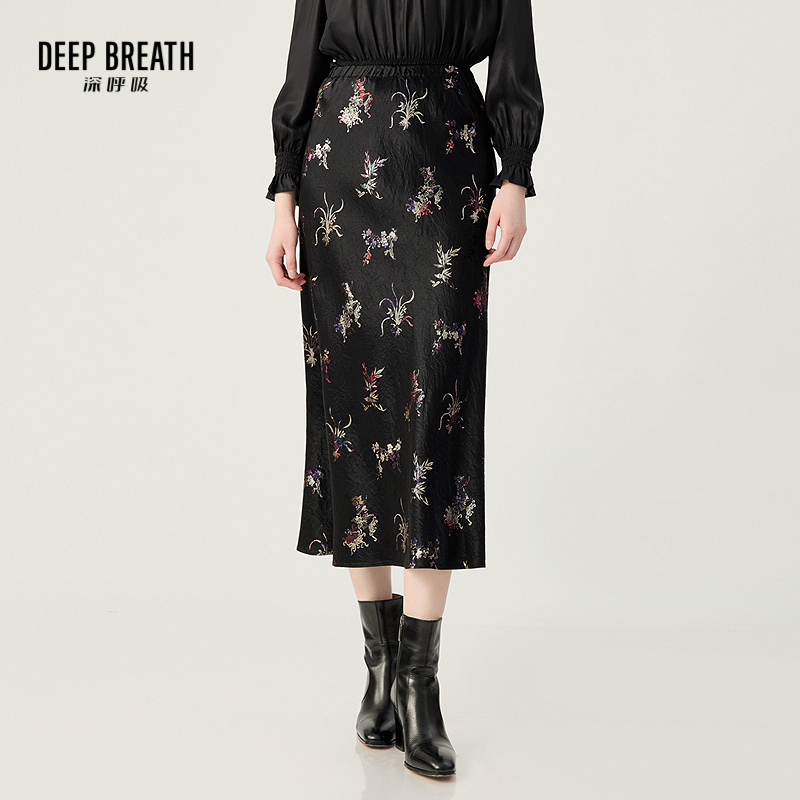 DEEP BREATH深呼吸女装 醋酸烫金印花中长款半裙优雅鱼尾裙A200313