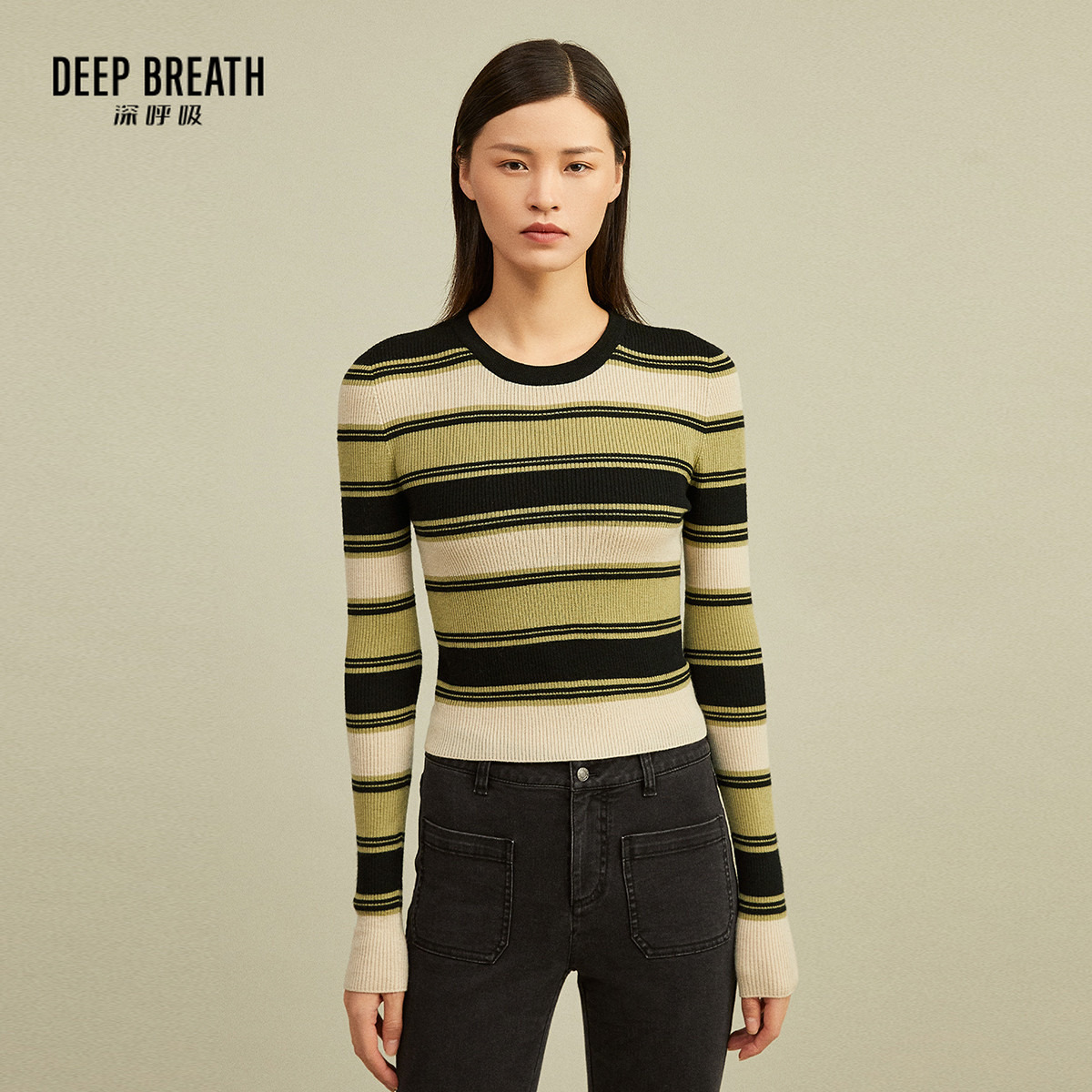 DEEP BREATH深呼吸女装 天衣无缝圆领短款拼色针织衫A300809