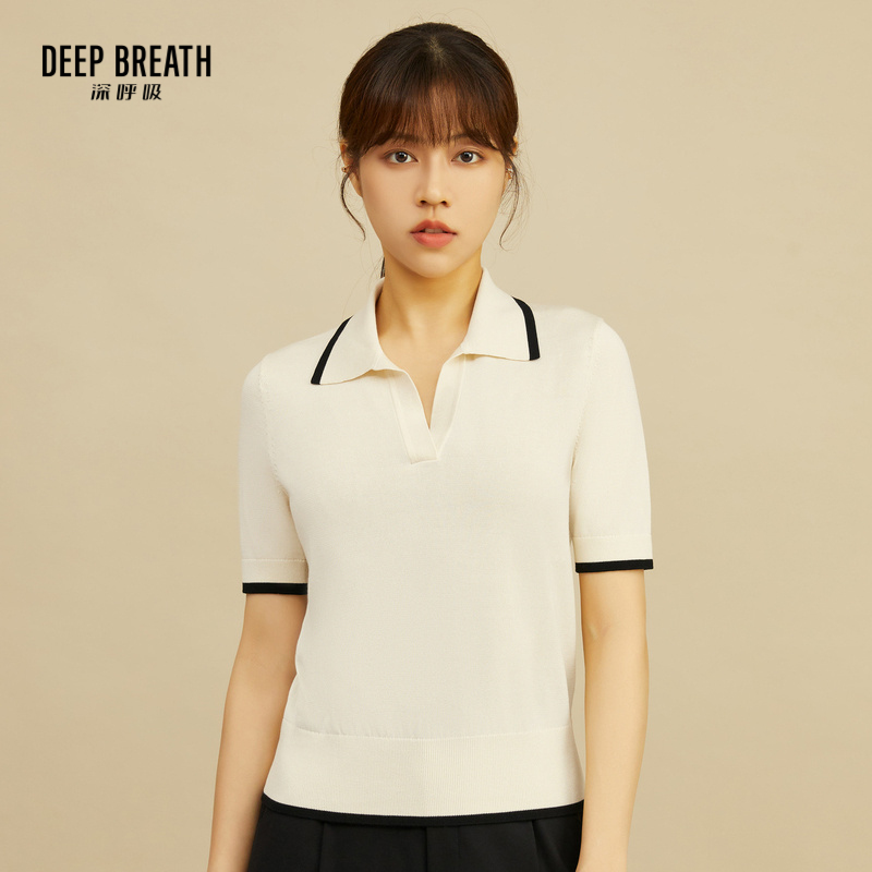 DEEP BREATH深呼吸女装 拼色POLO领撞色短袖针织衫A300973