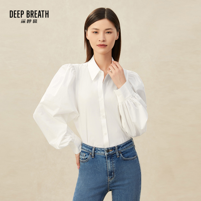 DEEP BREATH深呼吸女装 复古翻领泡泡袖气质衬衫A301060