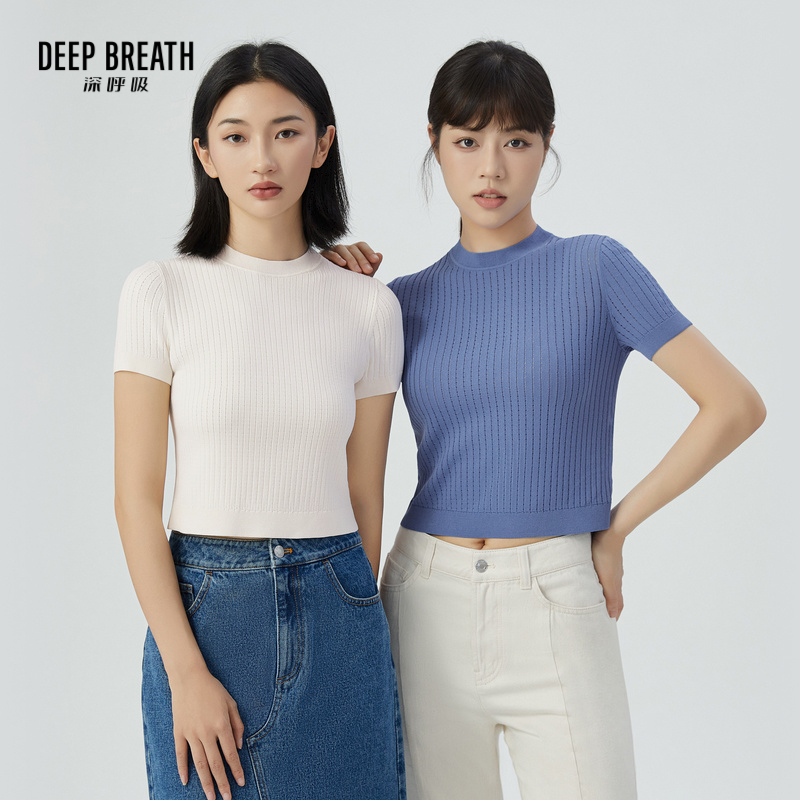 DEEP BREATH深呼吸女装 短款圆领镂空短袖针织衫A301099