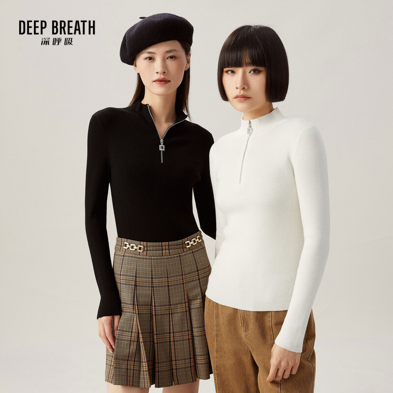 DEEP BREATH深呼吸女装 纯色长袖套头小烟管领半拉链针织衫A301174